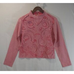 Alberto Makali Pink 3D Floral Rosette Textured Mock Neck Top Large